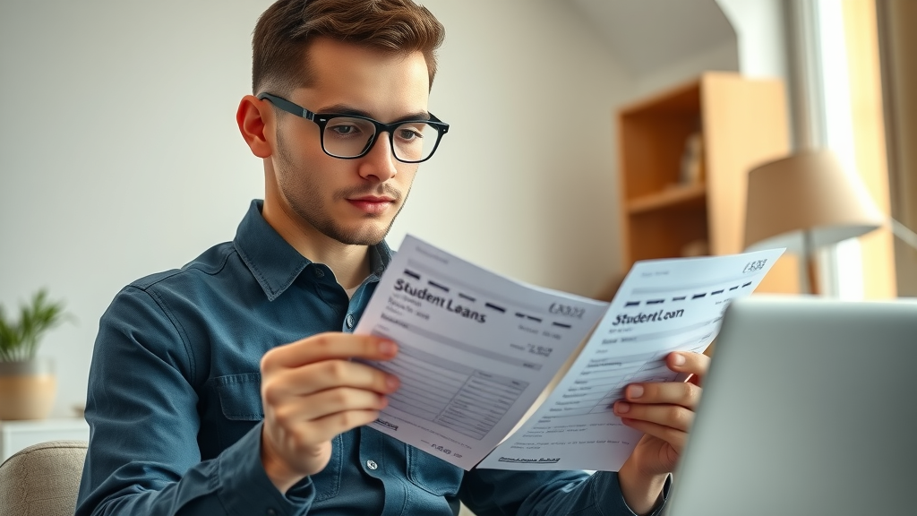 Young trade worker confidently comparing paycheck and student loan statements in a home office. trades over college in tough job market