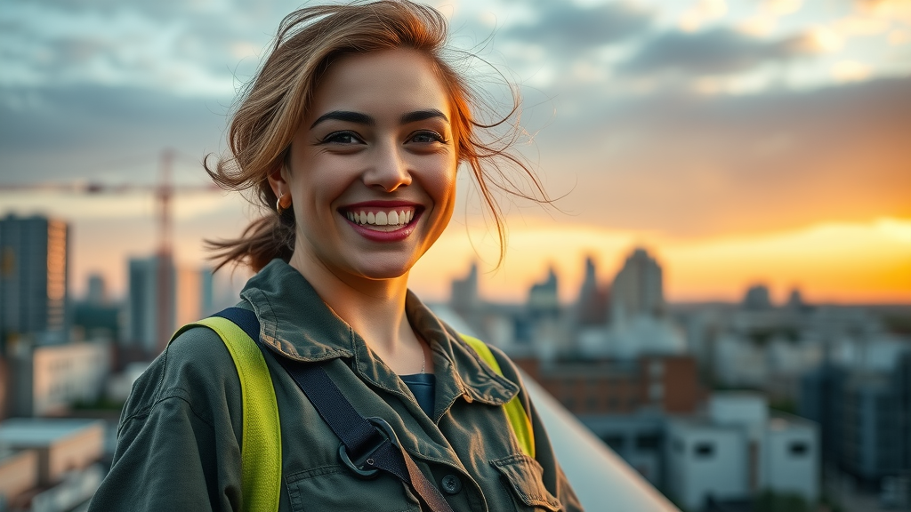 Gen Z female electrician enjoying downtime after a workday on an urban rooftop at sunset. trades over college in tough job market