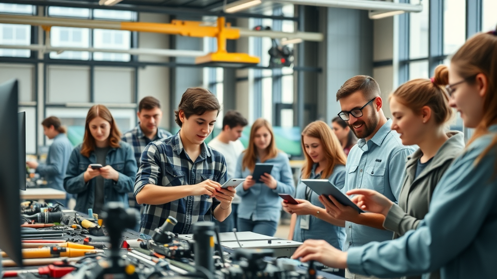 Modern trade school classroom with students engaged in hands-on and digital learning. trades over college in tough job market