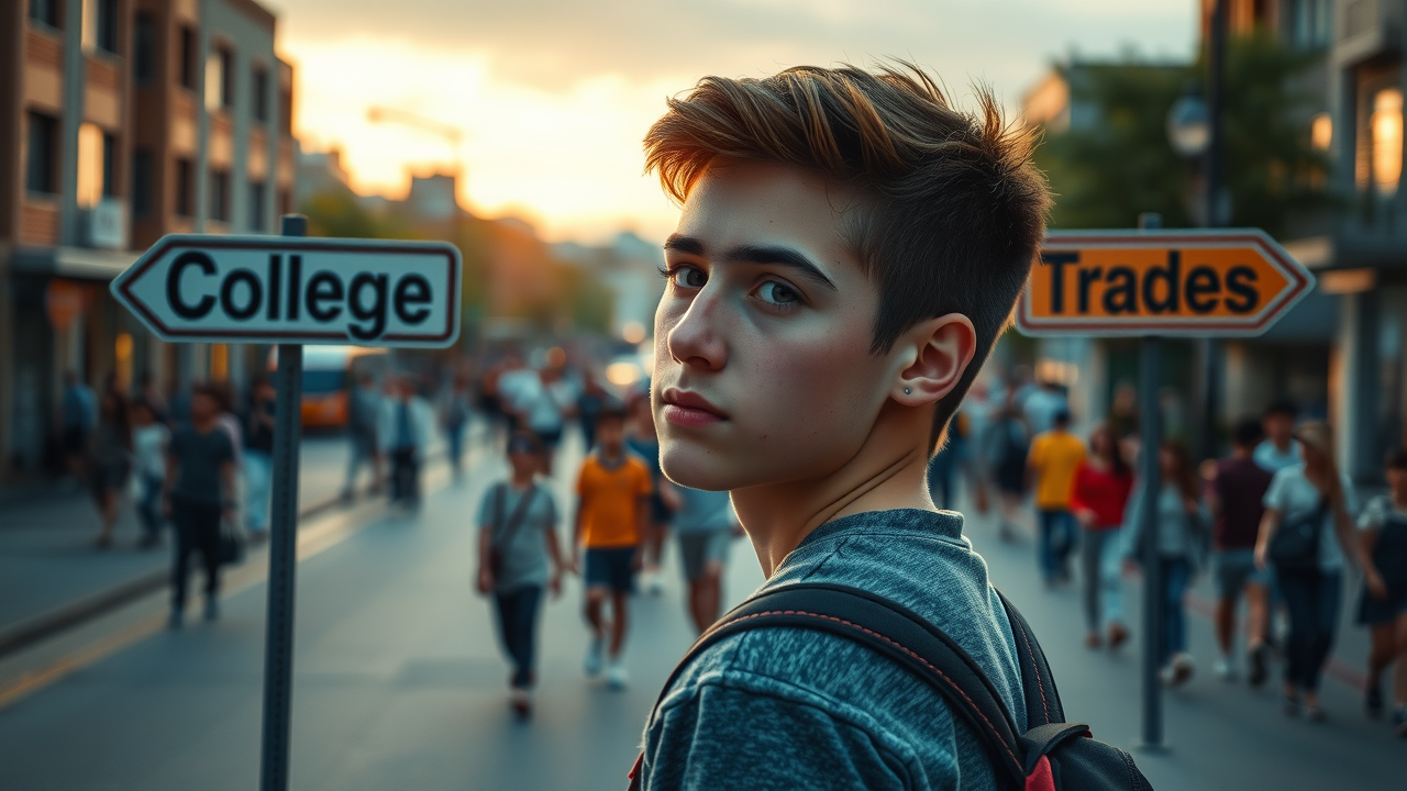 Reflective high school student contemplating diverging paths to college and skilled trades in a city setting. trades over college in tough job market