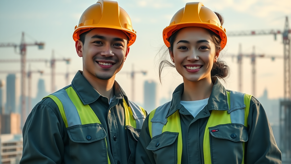 Young trades professionals standing on a construction site with sustainable tech, city skyline in the background. trades over college in tough job market